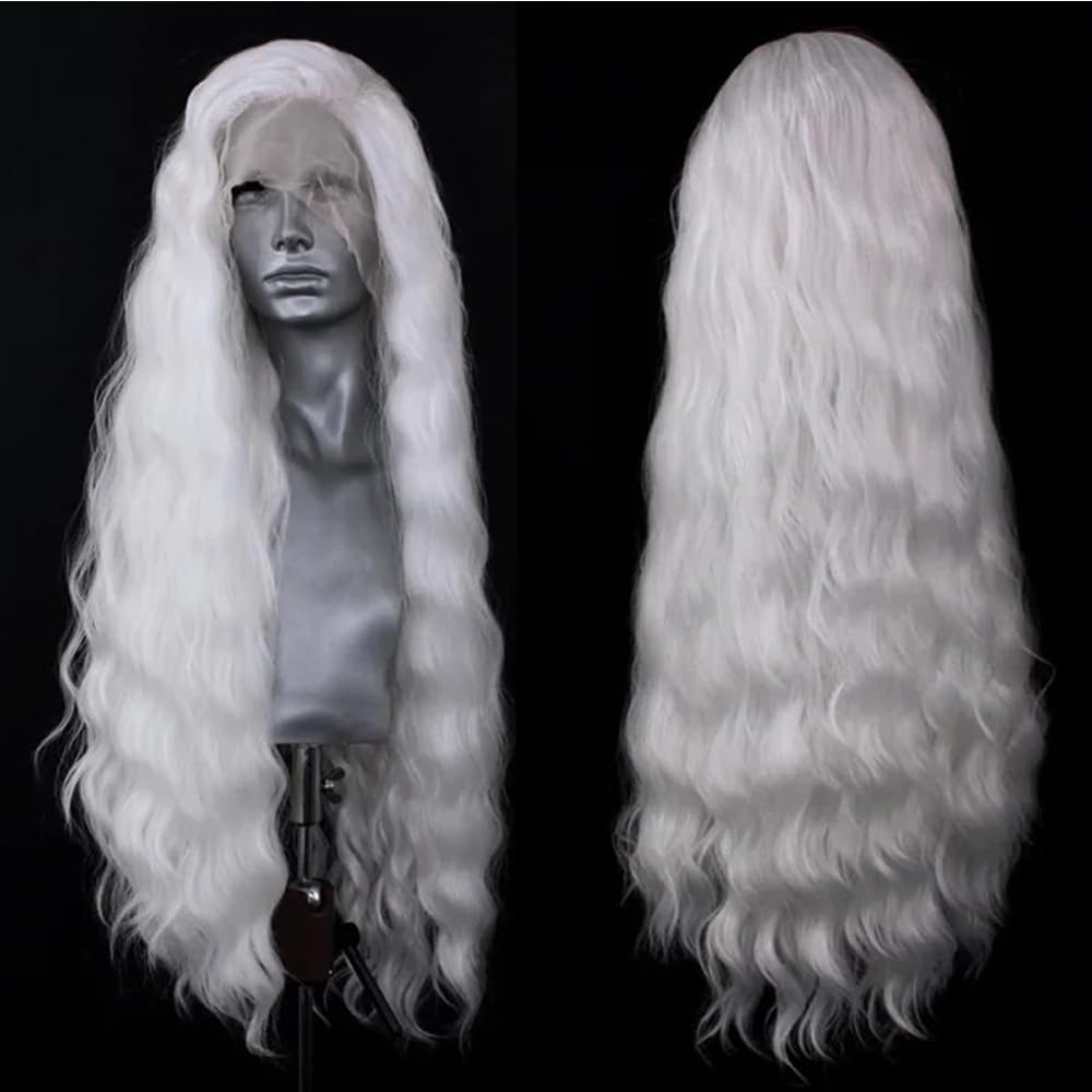 ELESTY long wavy white wig front view for natural hairline and style