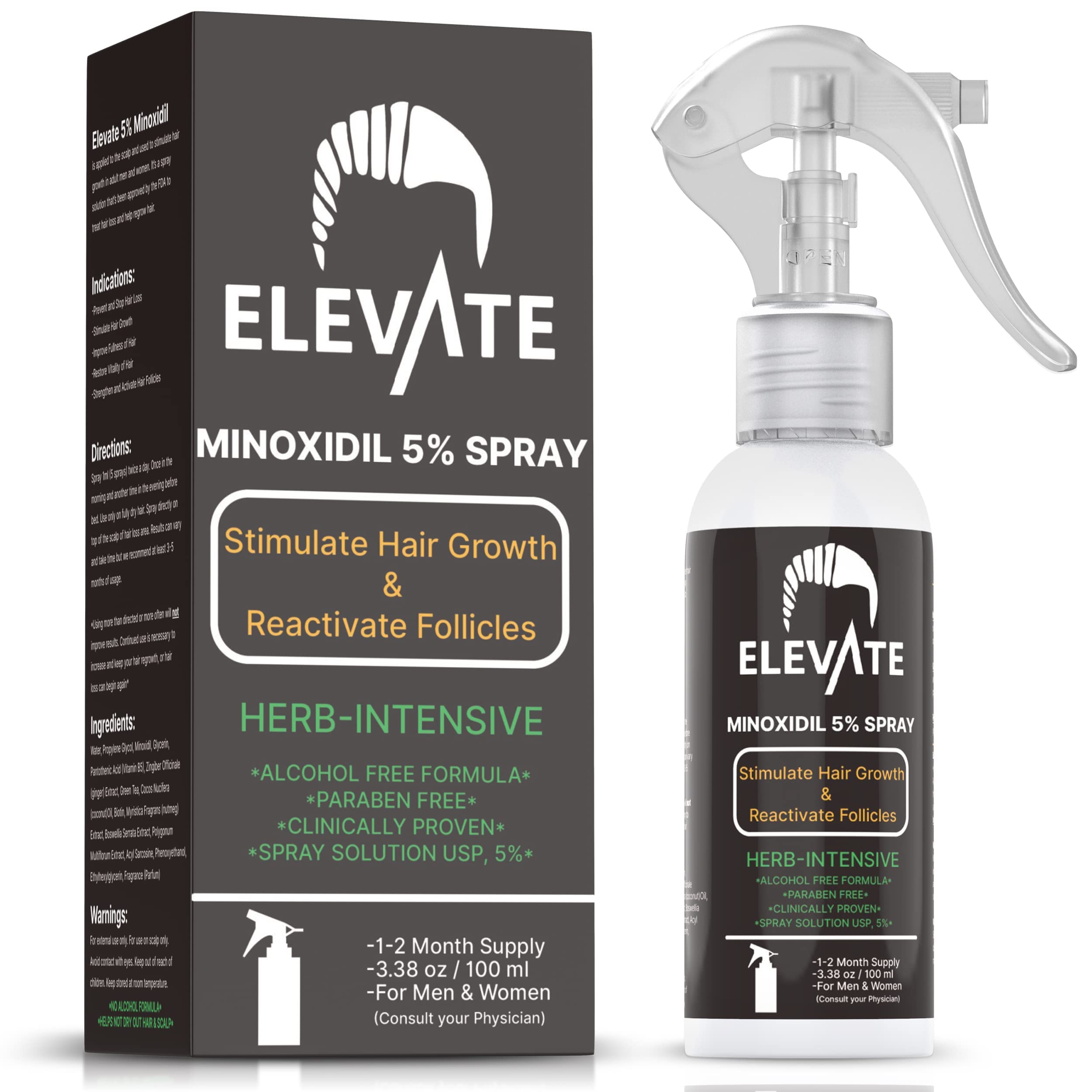 Elevate 5% Minoxidil spray bottle shown for targeted thinning areas.