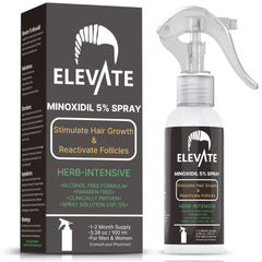 Elevate 5% Minoxidil spray bottle shown for targeted thinning areas.