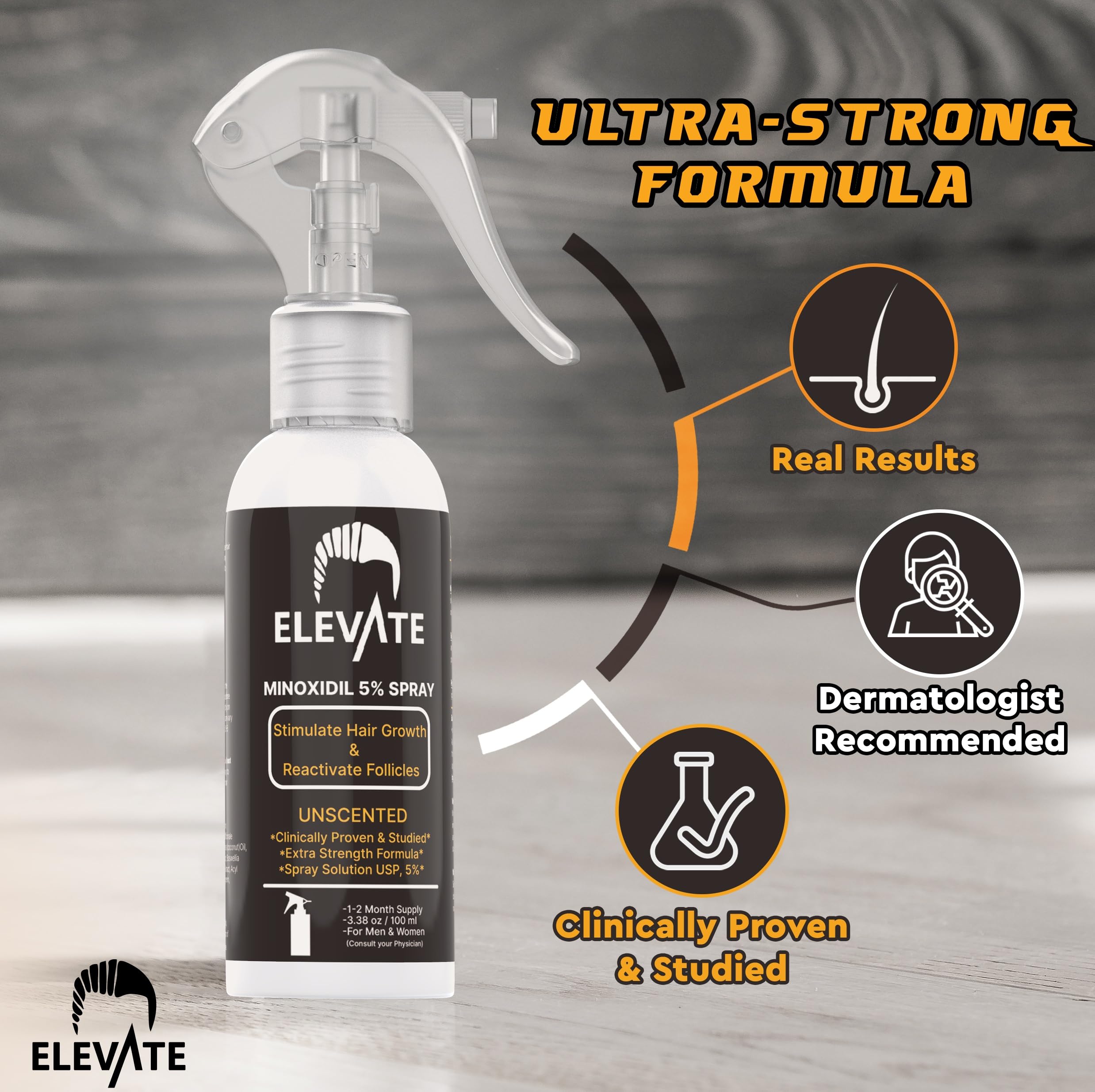 Elevate 5% minoxidil bottle highlighting strength for hair regrowth support.