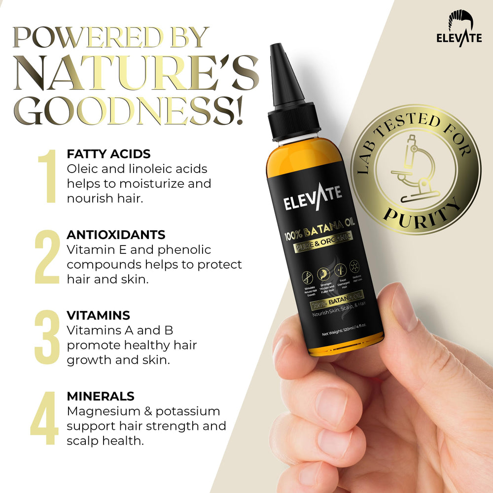 Elevate Batana Oil on hair strands shows hydration and elasticity