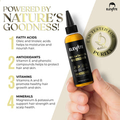 Elevate Batana Oil on hair strands shows hydration and elasticity