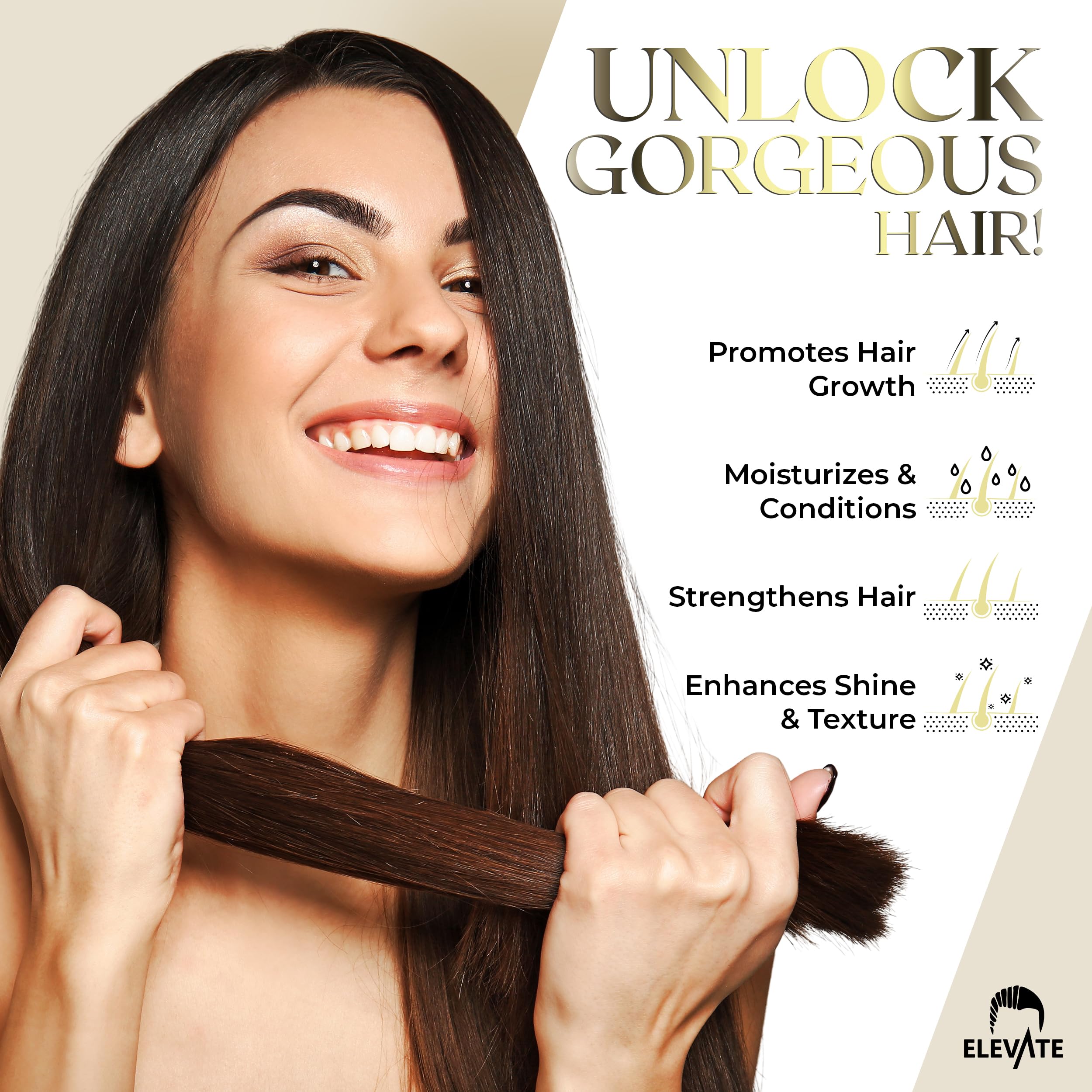 Elevate Batana Oil scalp-massage scene highlights smooth styling potential.