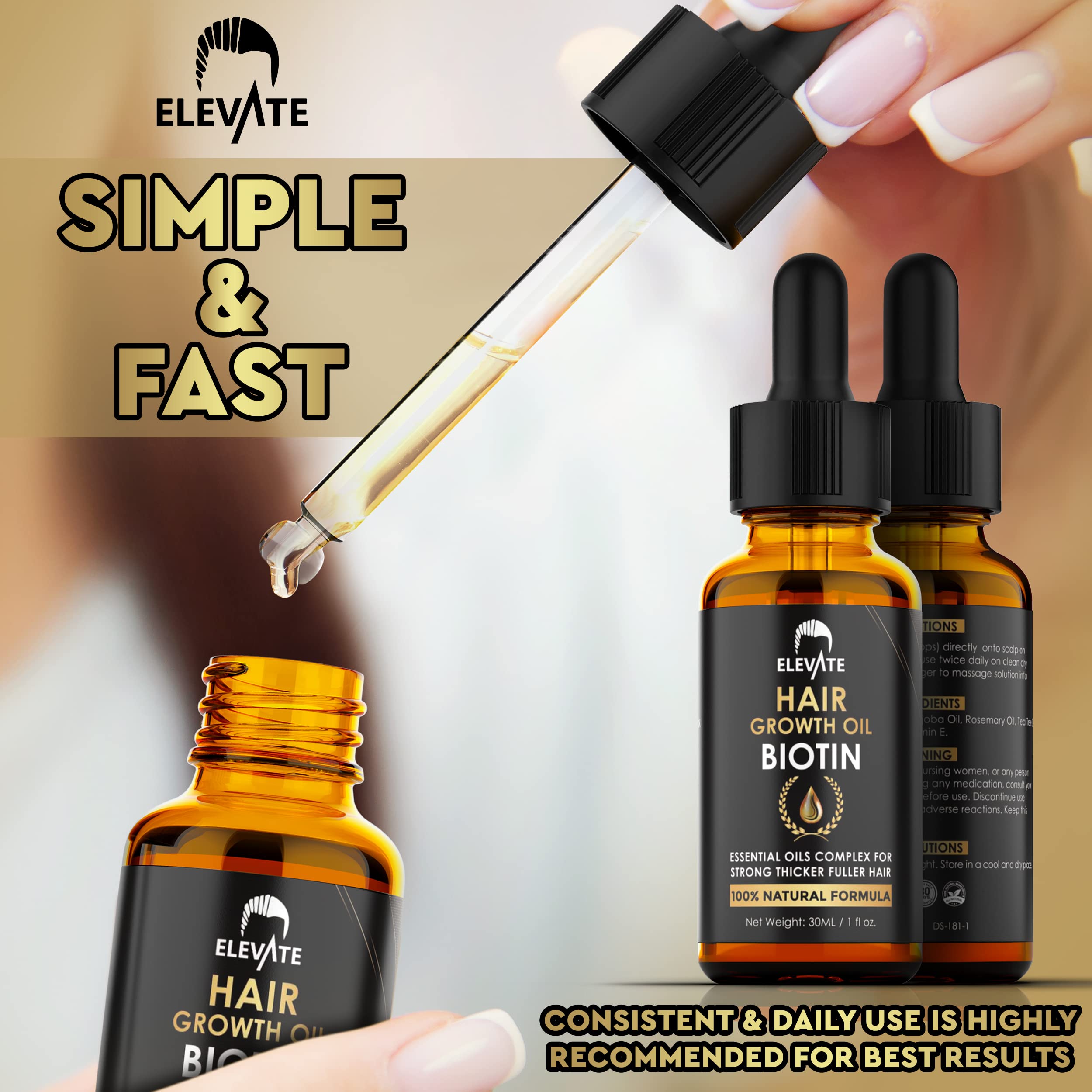 Packaging of Elevate Hair Growth Oil highlighting natural ingredients.