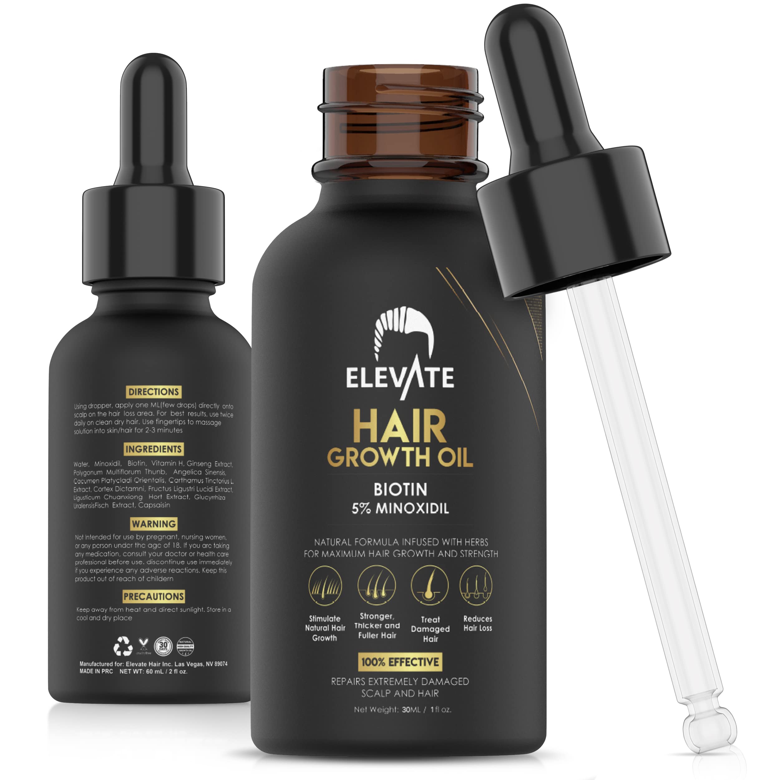 Elevate Hair Regrowth 5% Minoxidil bottle supports scalp nourishment for fuller-looking hair.