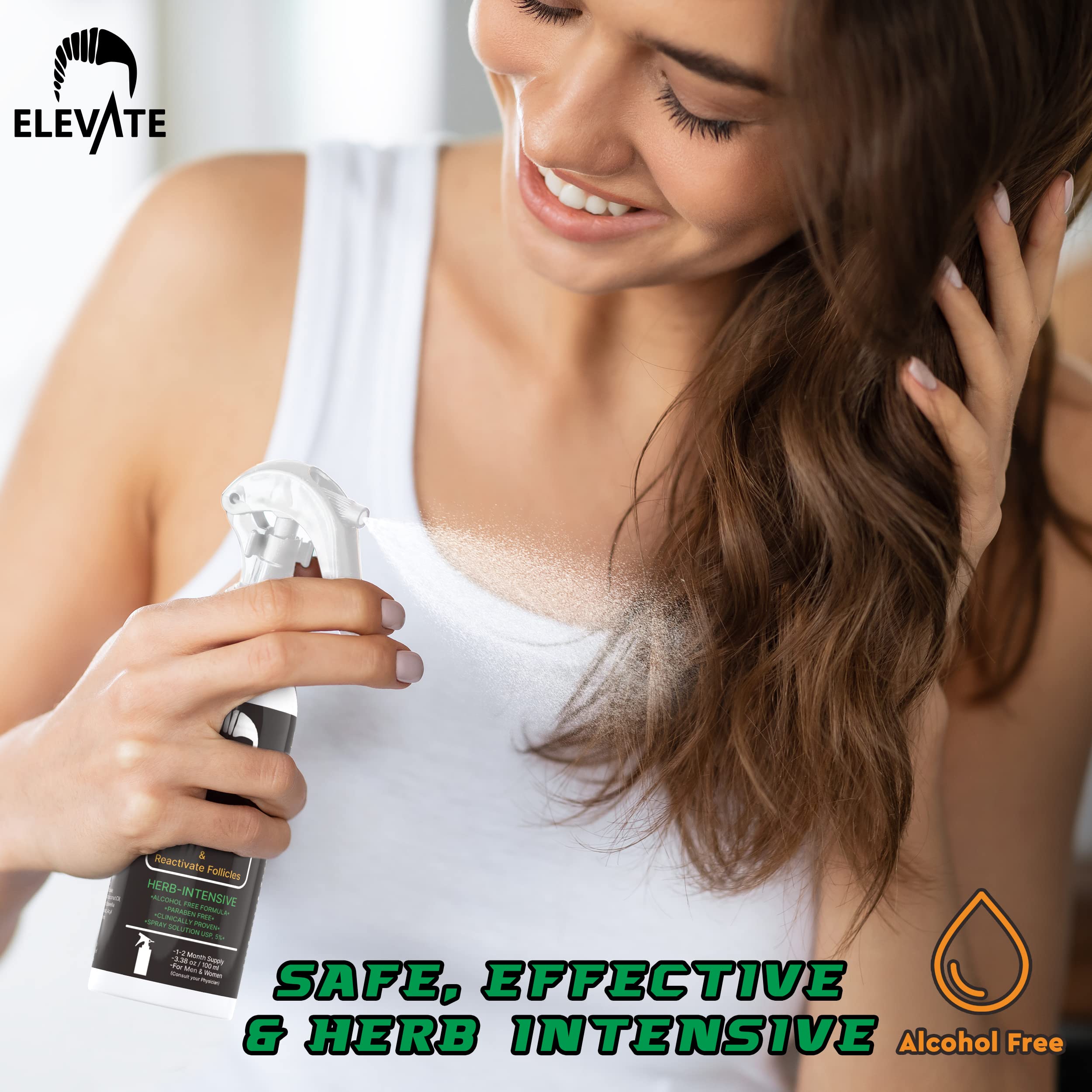 Elevate product close-up highlighting alcohol-free, lightweight bottle design.