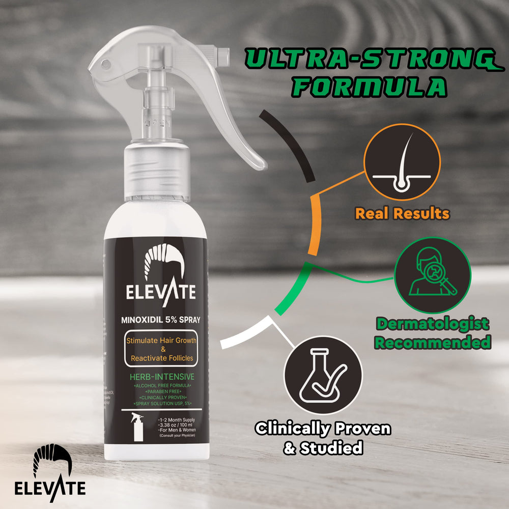 Elevate spray bottle with precise nozzle for accurate scalp application.