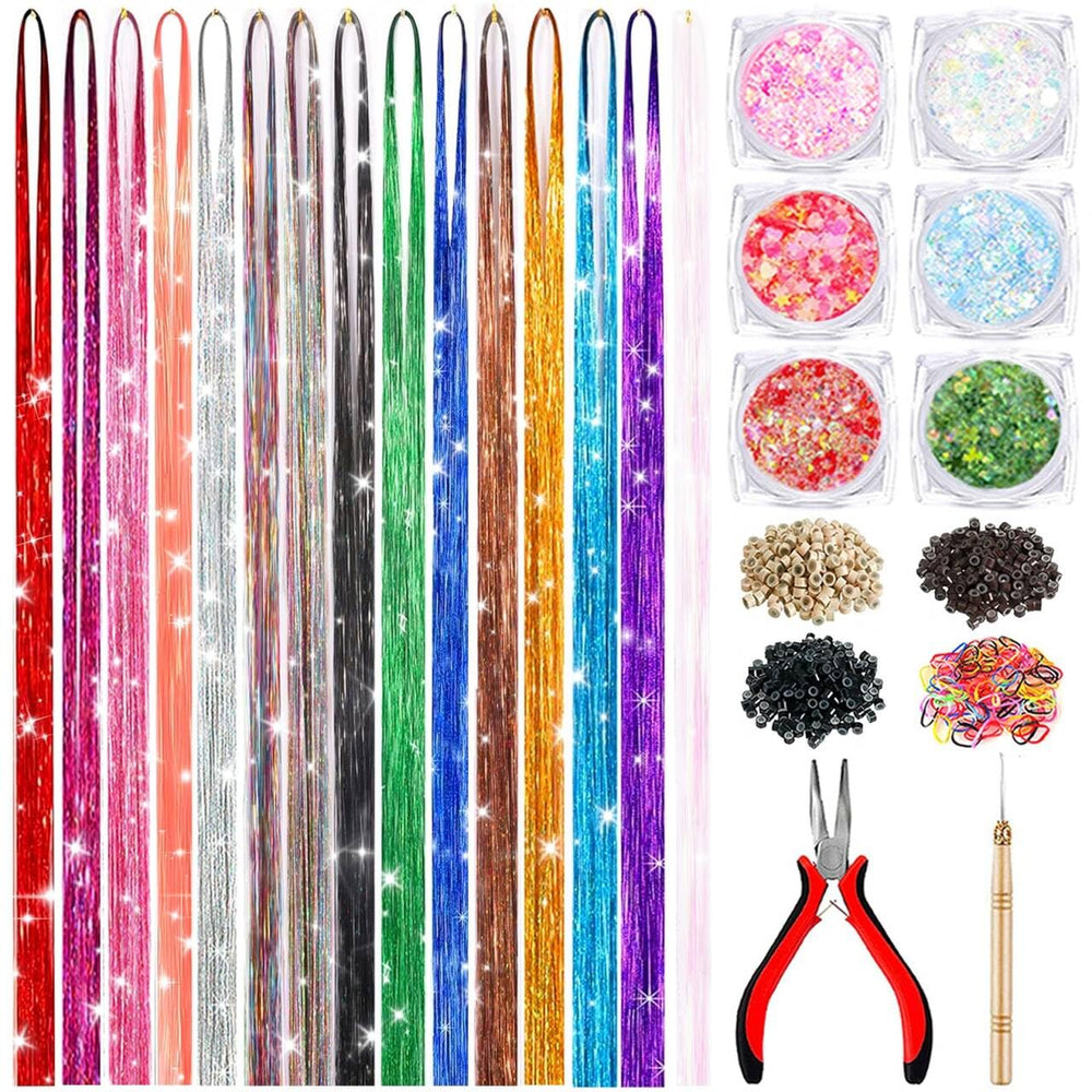 ELEVAVE hair tinsel kit contents with 15 colors and glitter gel for styling