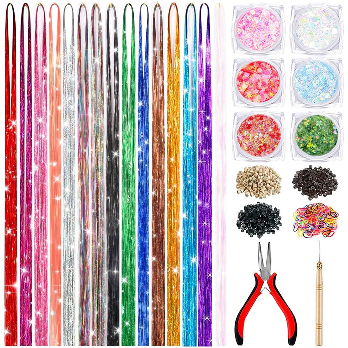 ELEVAVE hair tinsel kit contents with 15 colors and glitter gel for styling
