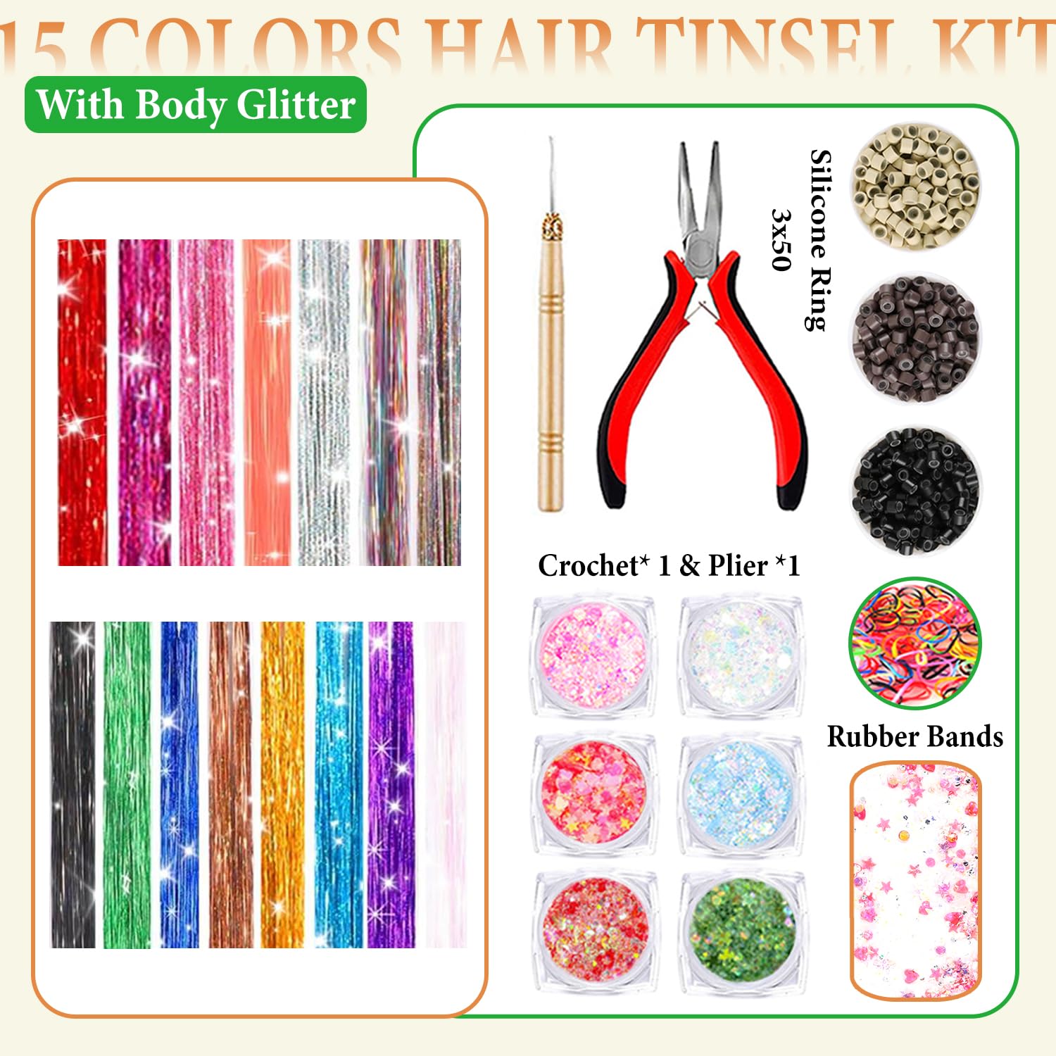 ELEVAVE hair tinsel extensions on long hair add shimmering color for daily wear