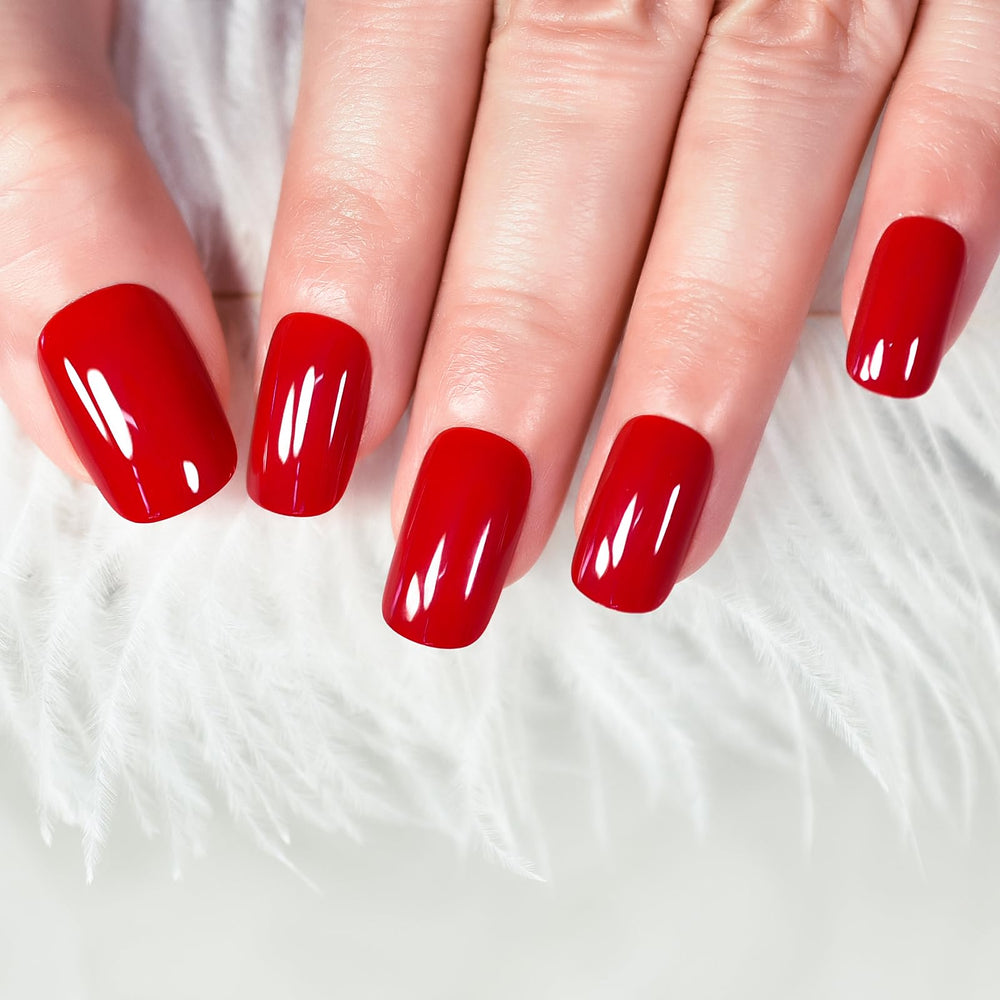 ELEVENAIL glossy red press-on nails in medium length for a polished look.