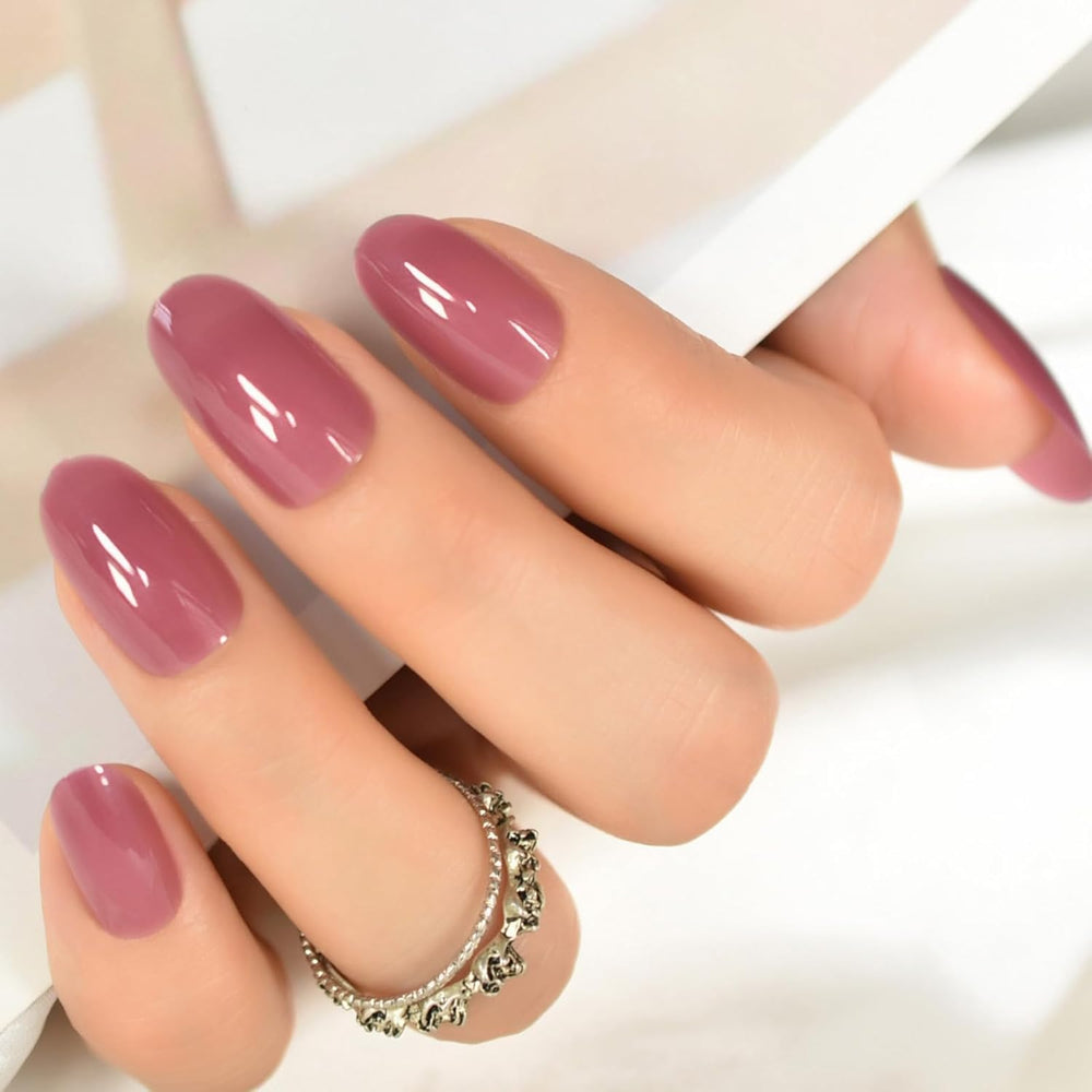 Elevenail glossy purple press-on nails with semi-transparent finish for quick at-home manicures.