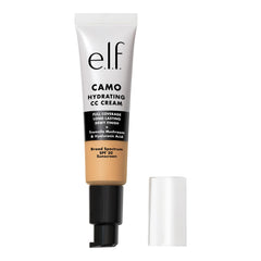 e.l.f. Hydrating Camo CC Cream bottle closeup shows moisturizing formula for dewy skin.