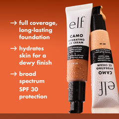 e.l.f. Hydrating Camo CC Cream on the cheek with a dewy glow finish.