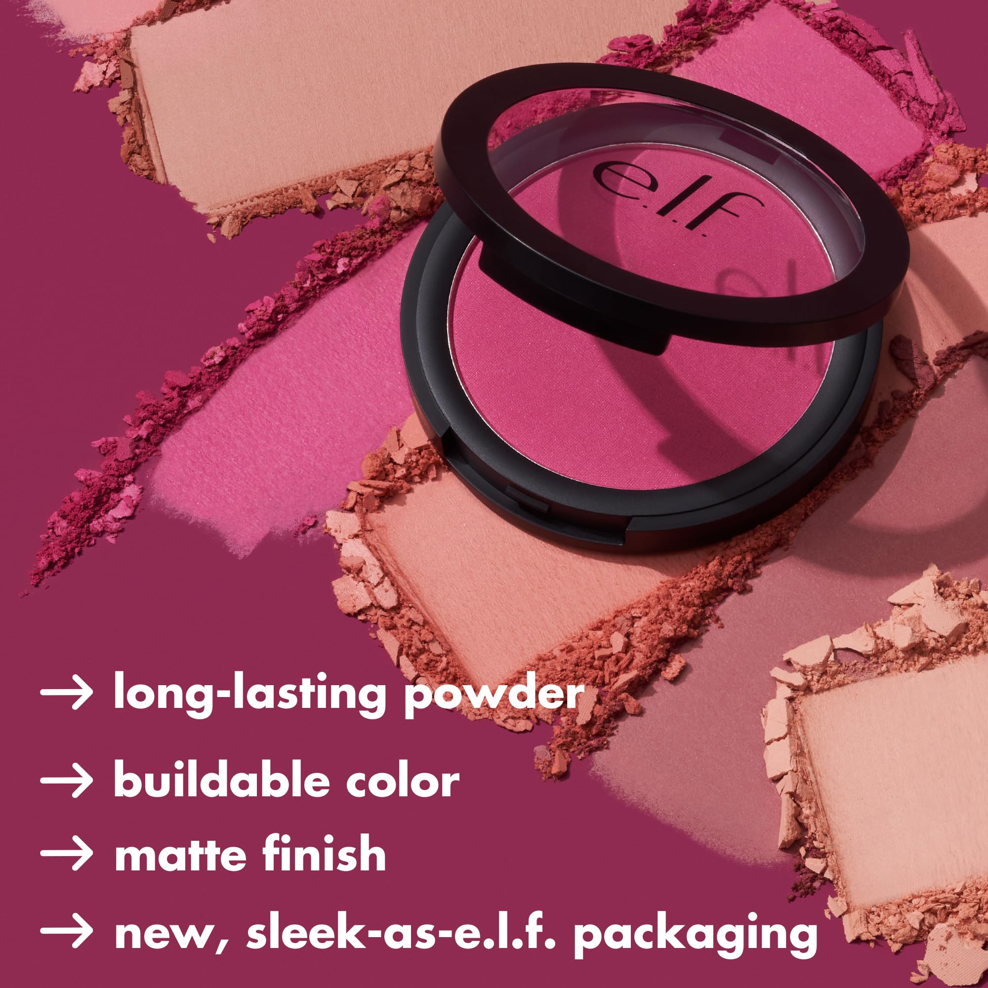 e.l.f. primer-infused matte blush swatches on cheek show long-lasting matte color.