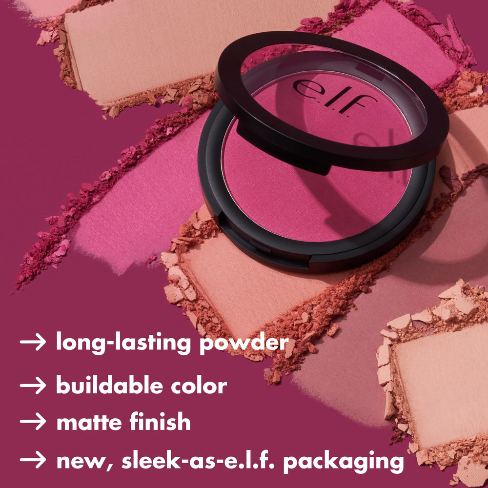 e.l.f. primer-infused matte blush swatches on cheek show long-lasting matte color.