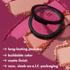 e.l.f. primer-infused matte blush swatches on cheek show long-lasting matte color.