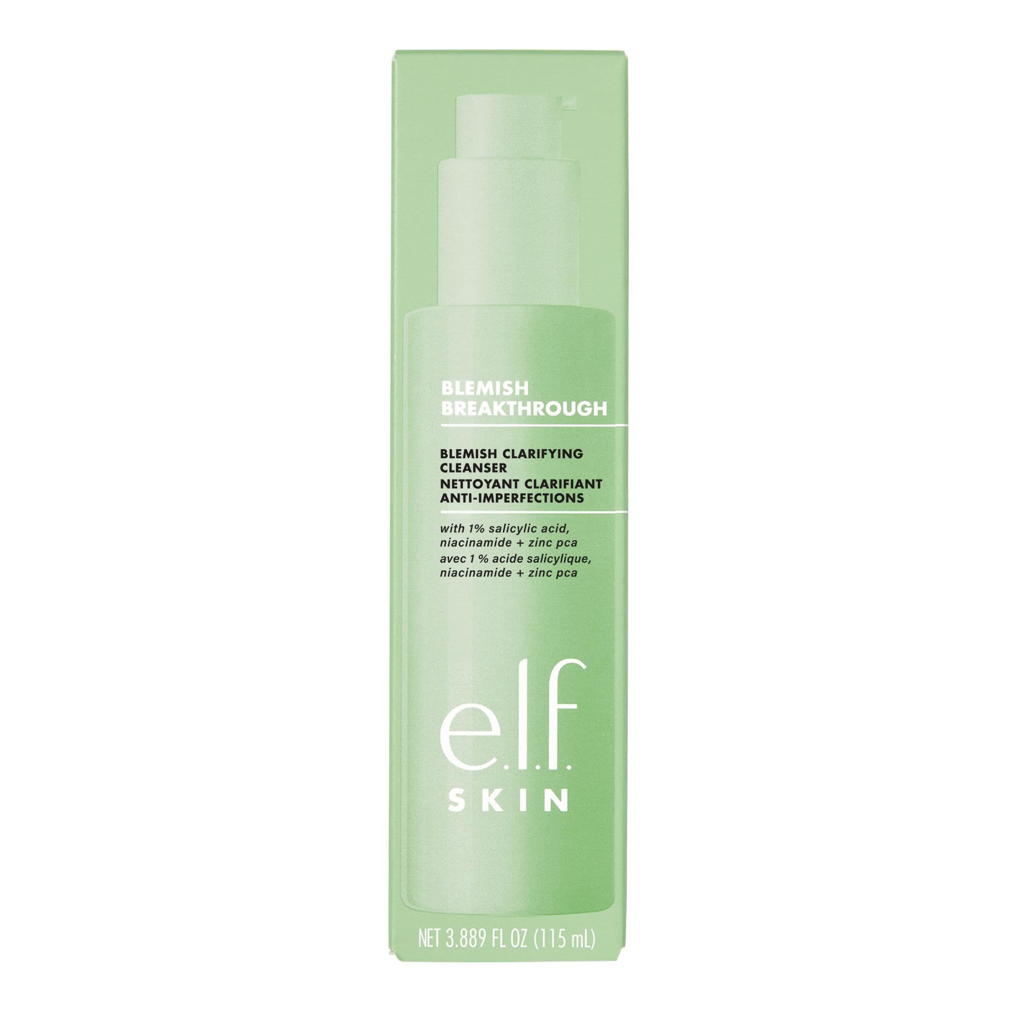 e.l.f. SKIN Blemish Breakthrough cleanser bottle showing oil control and acne-fighting formula.
