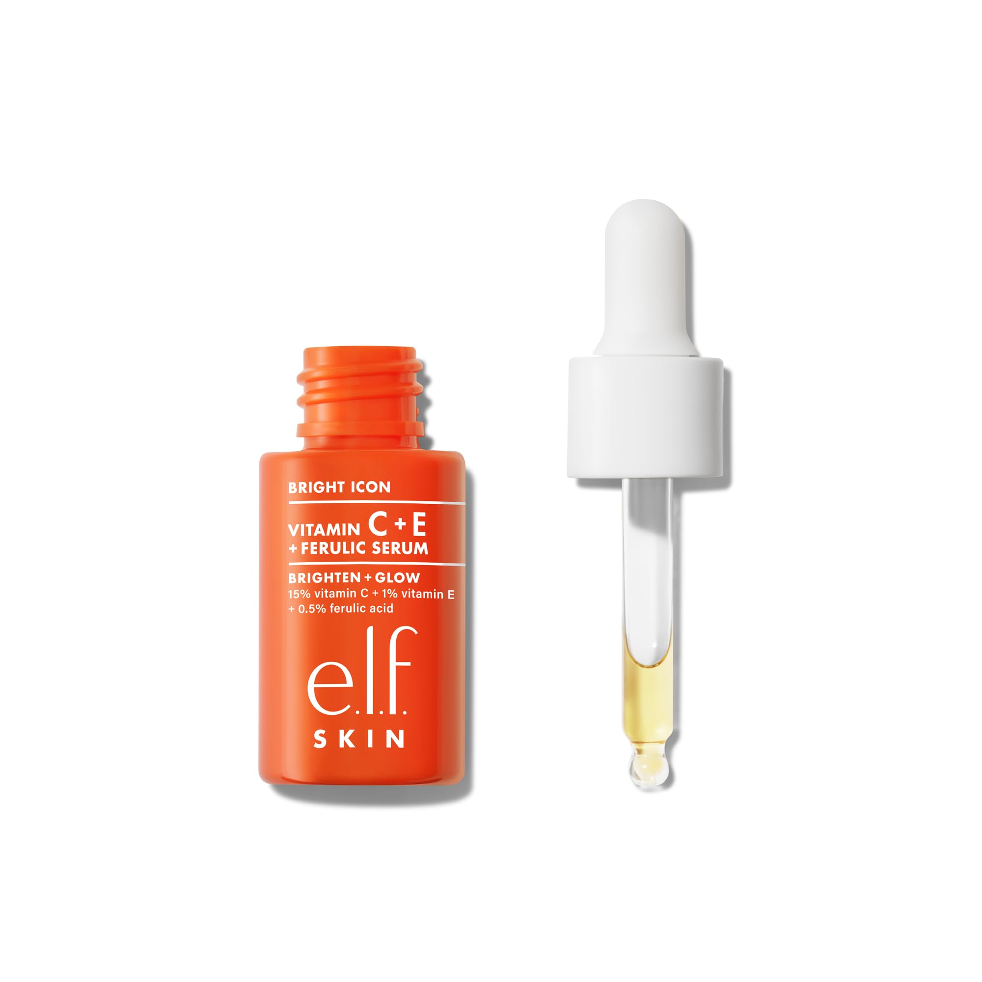 e.l.f. SKIN Bright Icon serum bottle close-up showing fast-absorbing brightness for morning routines.