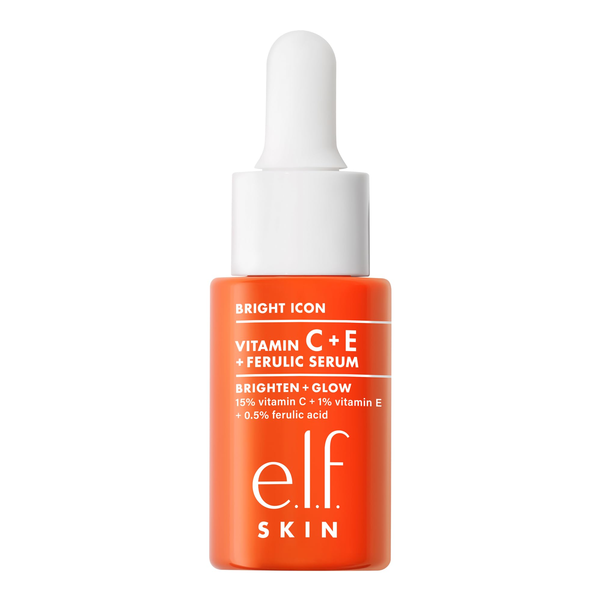 e.l.f. SKIN Bright Icon serum ingredients graphic featuring vitamin C and ferulic acid.