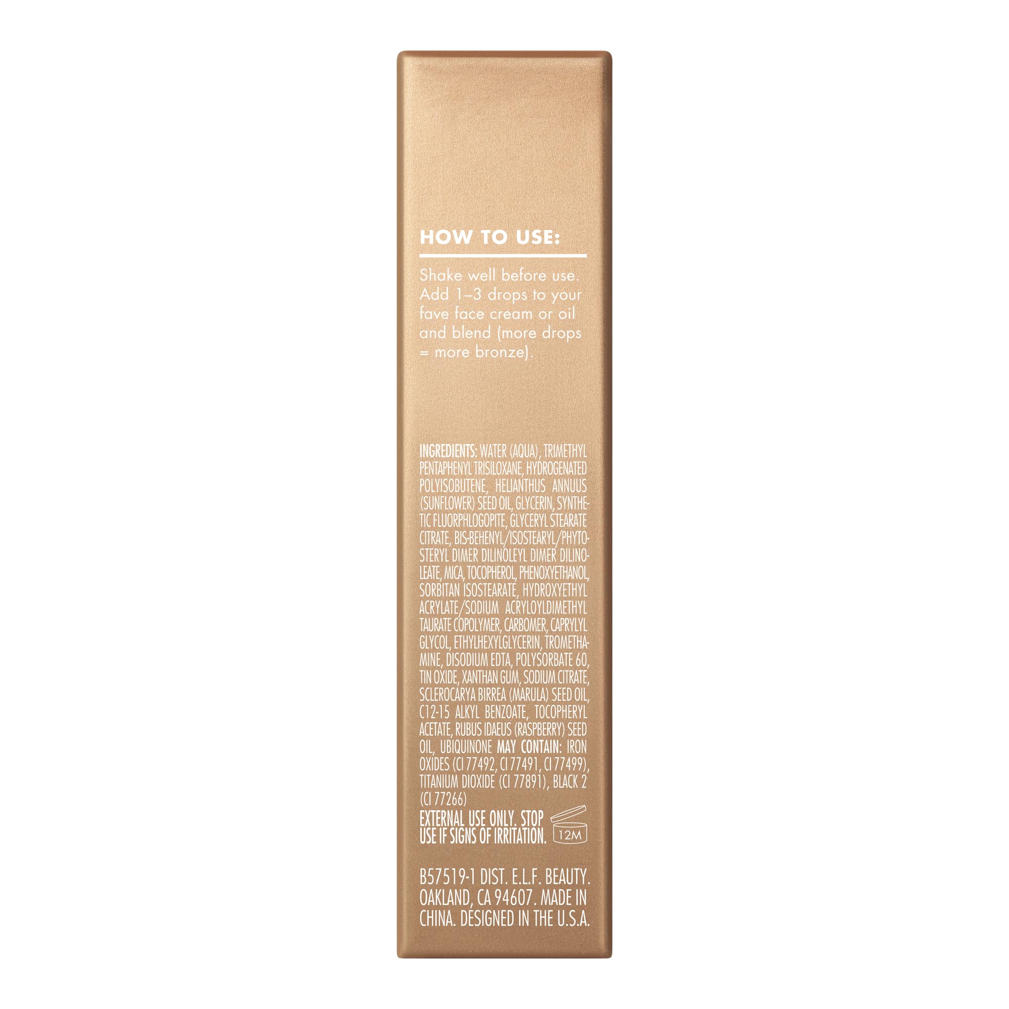 e.l.f. SKIN Bronzing Drops Mini packaging highlighting vitamin E and vegan formula