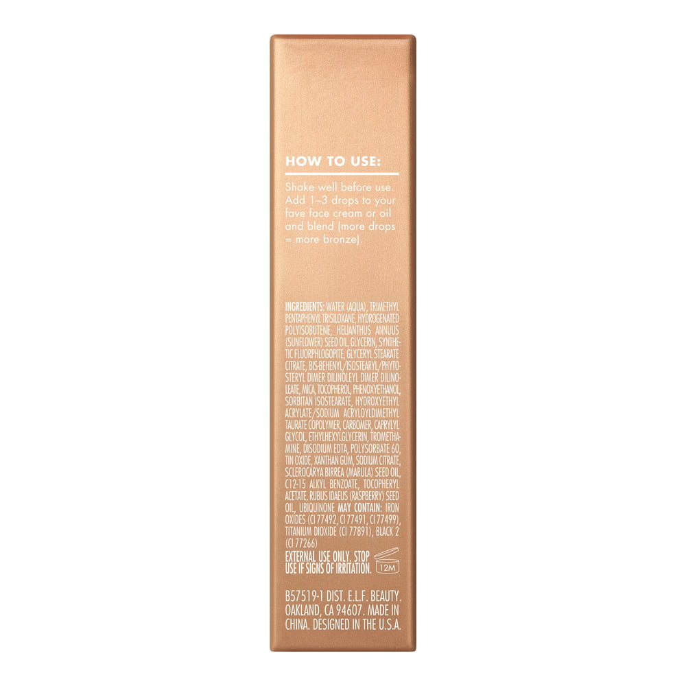 e.l.f. SKIN Bronzing Drops Mini packaging highlighting vitamin E and vegan formula