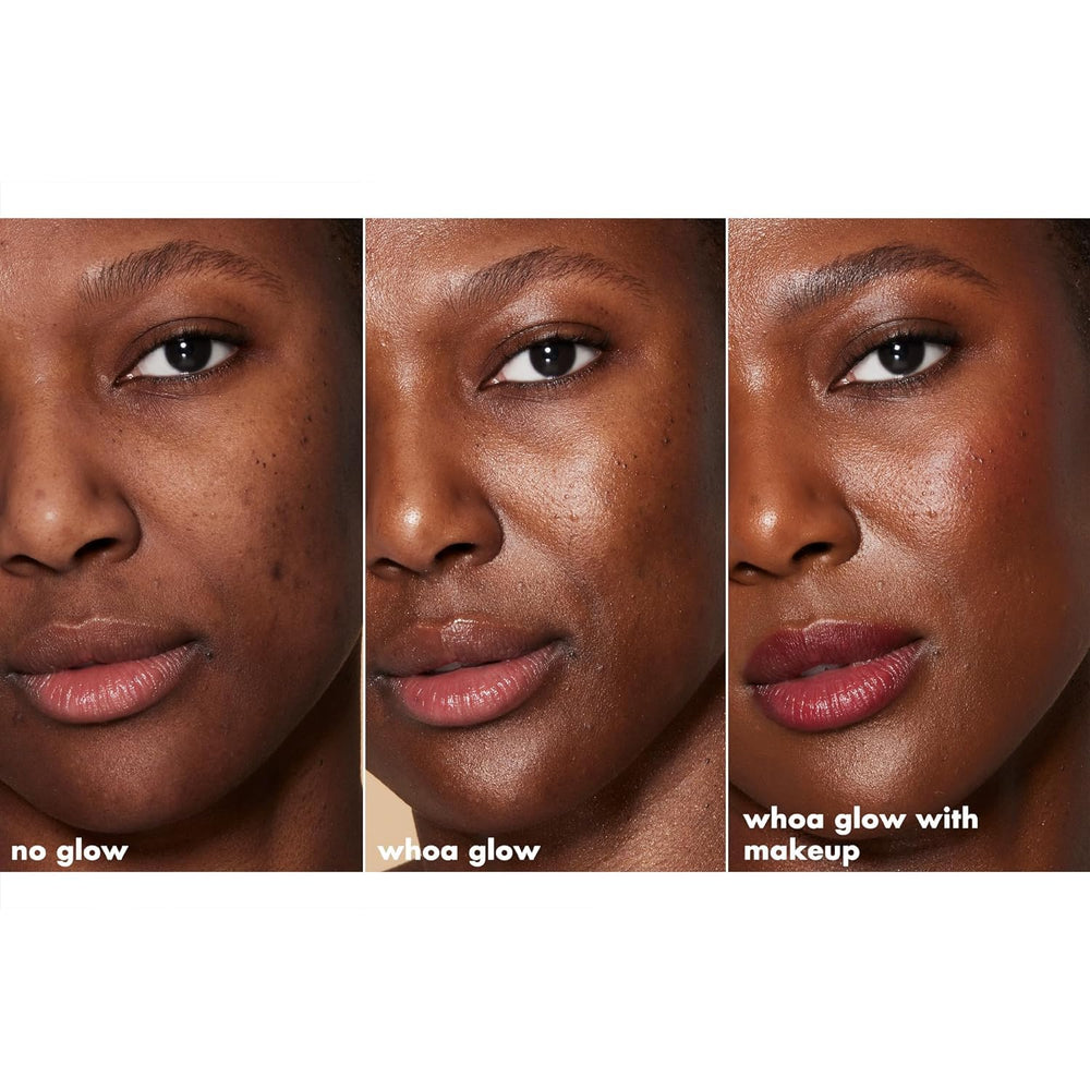 Face priming effect shown with elf Suntouchable Whoa Glow SPF 30