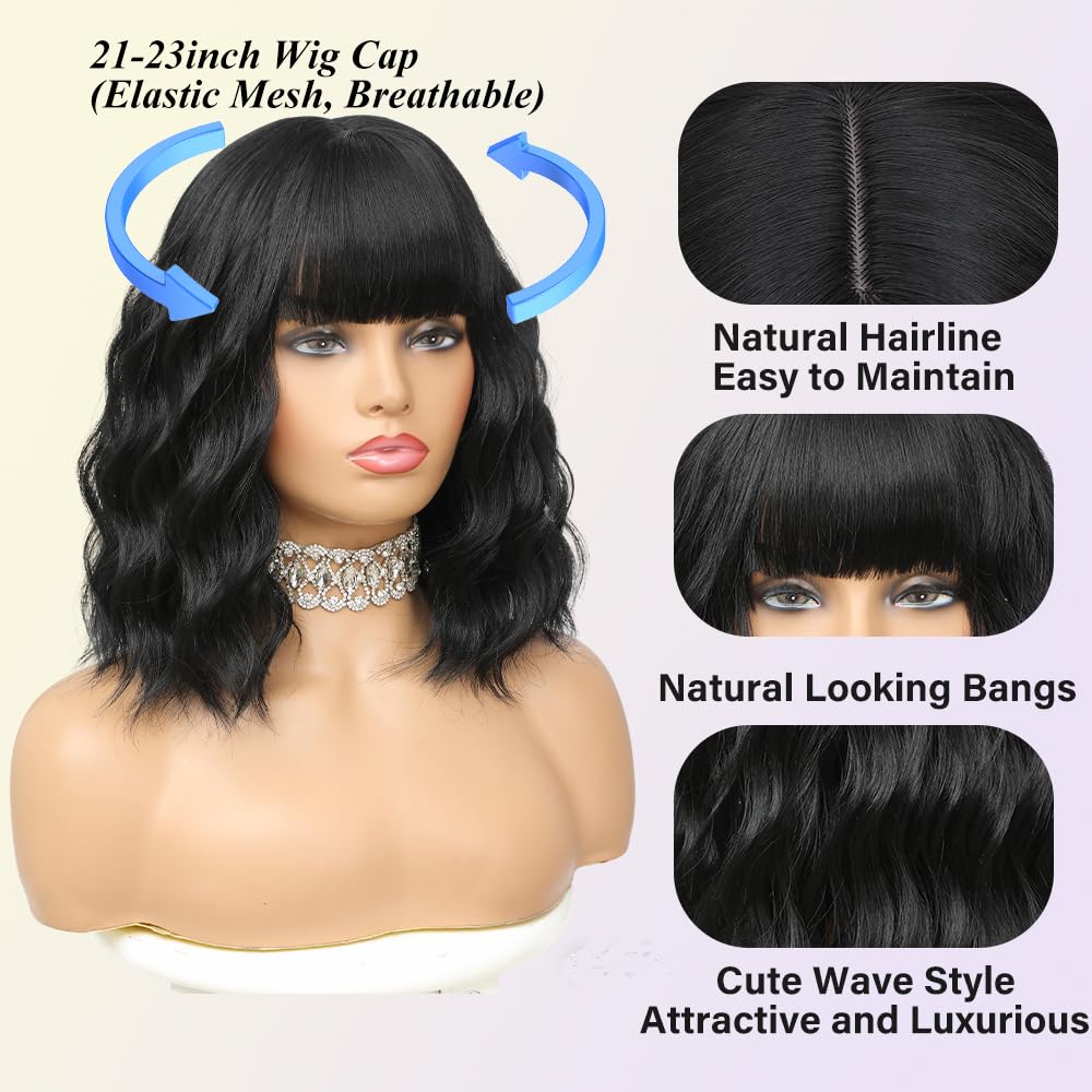 Elfairy 12in short wavy bob wig with bangs natural black shade for versatile looks.
