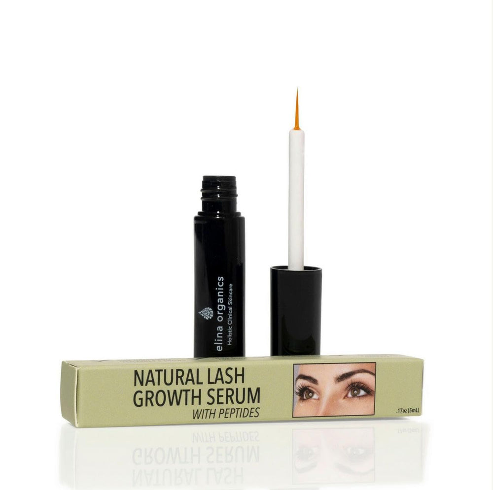Elina Organics natural lash growth serum bottle highlighting peptide-powered formula for fuller, longer lashes