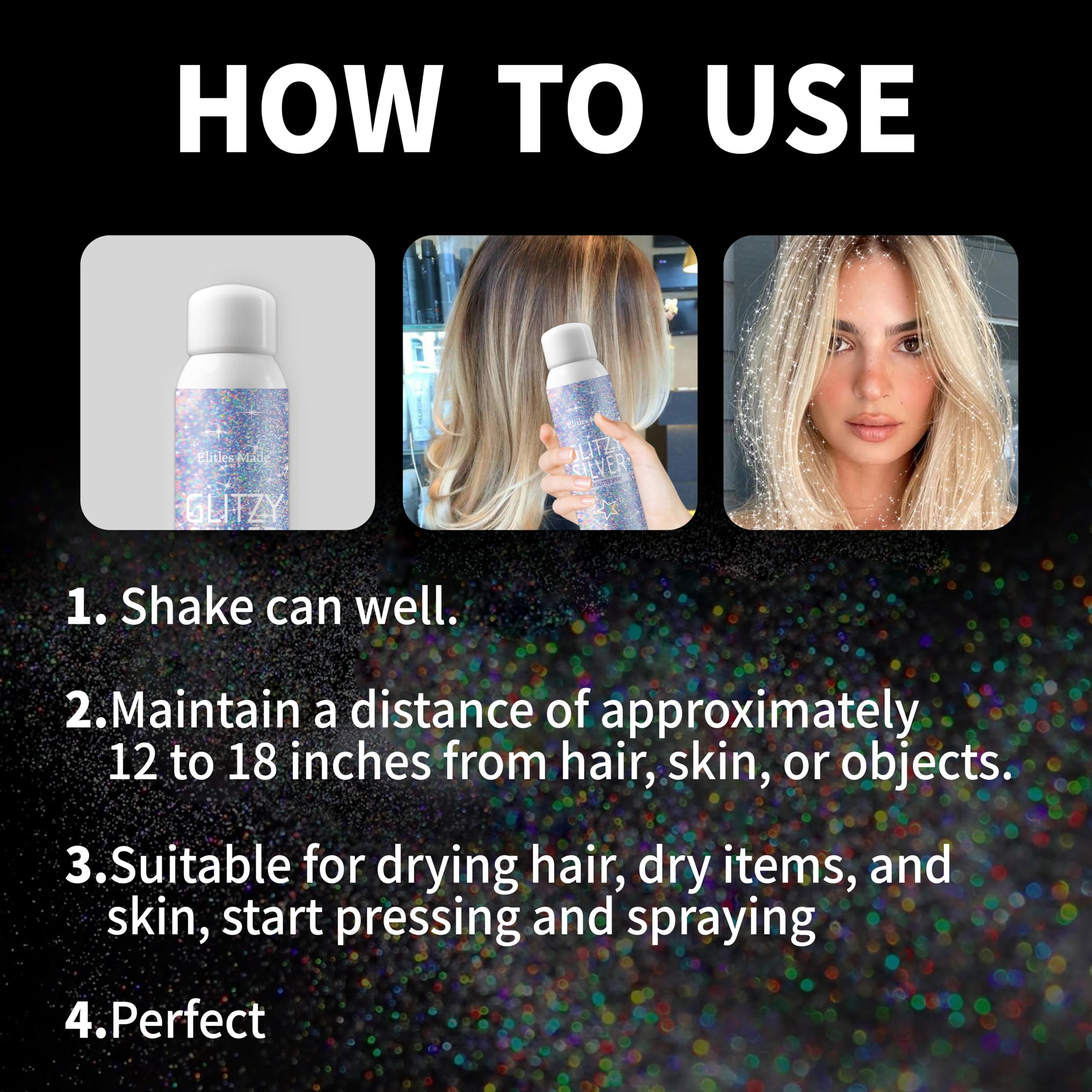Elitles Made glitter spray closeup shows vibrant holographic silver glitter.