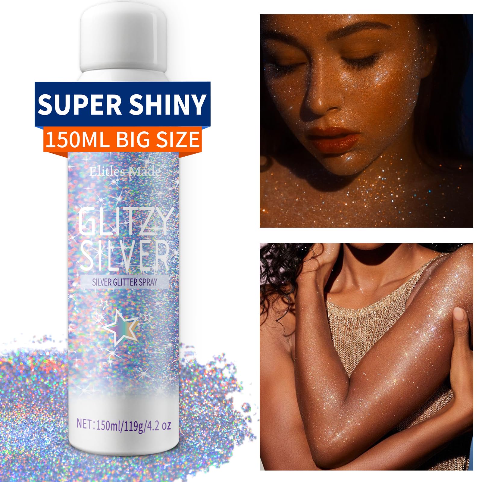 Elitles Made glitter spray packaging highlights the 150 ml bottle option.