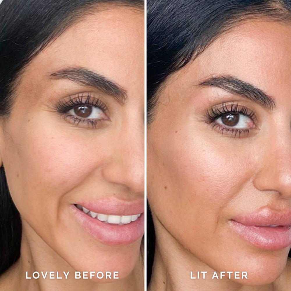 Elizabeth Mott glow enhancer close-up showing a dewy, light-reflecting finish.
