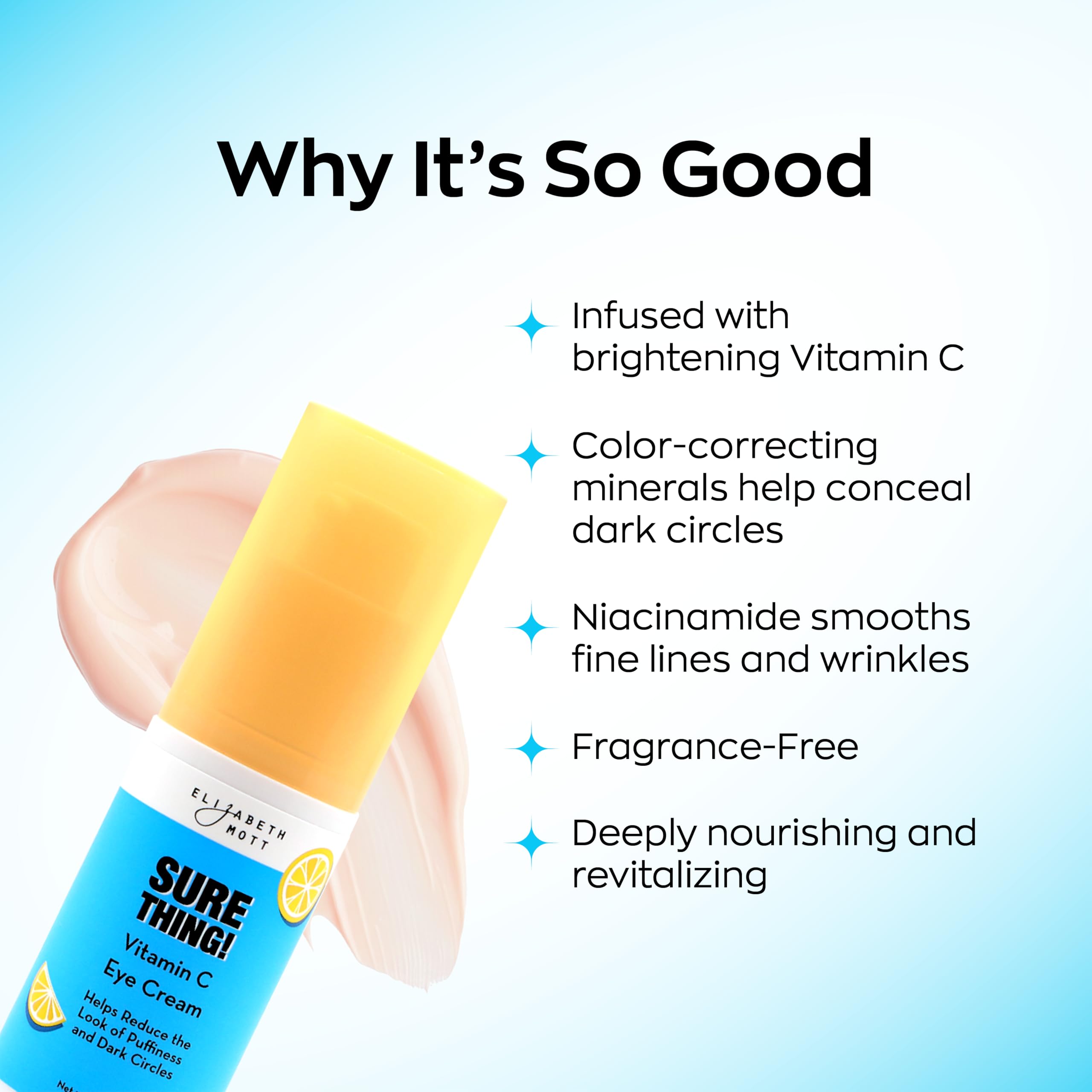 Elizabeth Mott Sure Thing Vitamin C Eye Cream packaging highlighting vegan fragrance-free formula