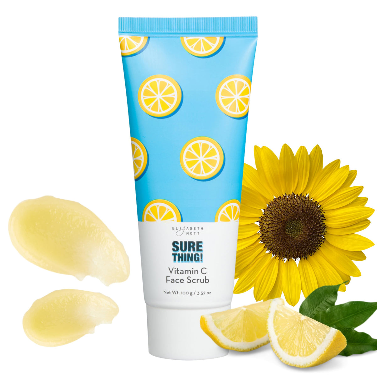 Elizabeth Mott Sure Thing Vitamin C Face Scrub bottle pour reveals a bright, refreshed skin.