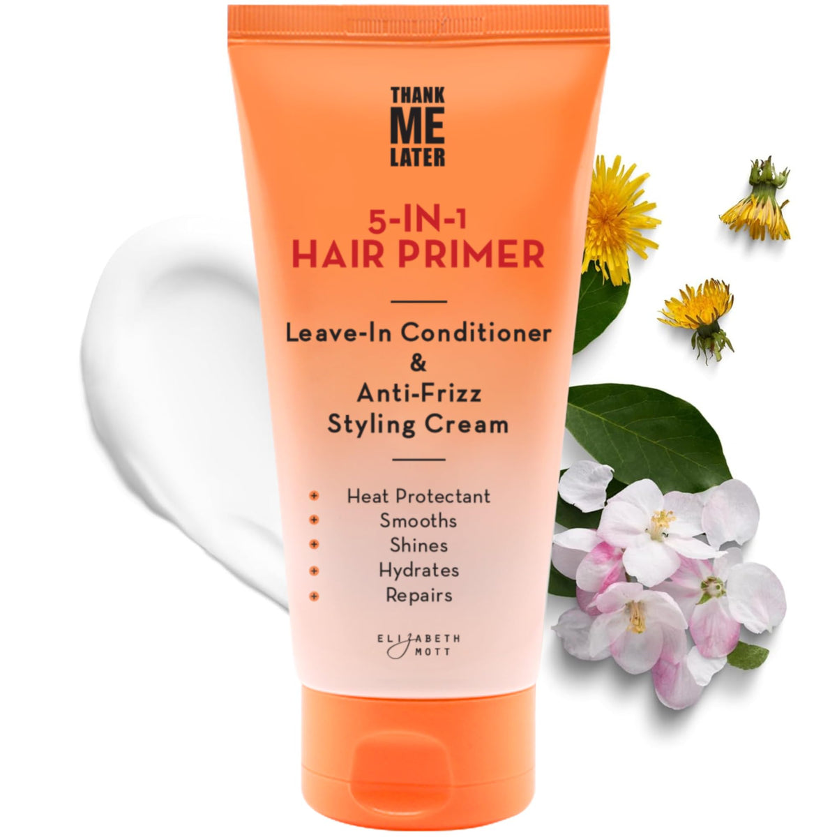 Bottle of Elizabeth Mott Thank Me Later 5-in-1 Hair Primer offers heat protection and shine.