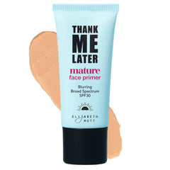 Elizabeth Mott Thank Me Later primer bottle front provides a smooth makeup base