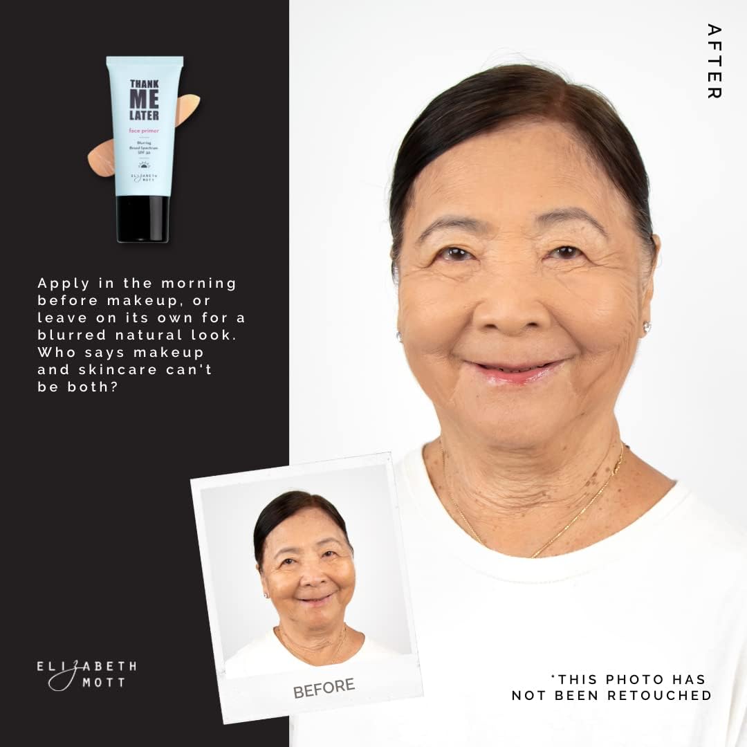 Elizabeth Mott Thank Me Later primer bottle with SPF 30 protection