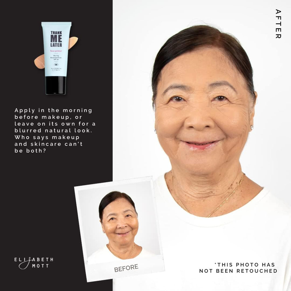 Elizabeth Mott Thank Me Later primer bottle with SPF 30 protection