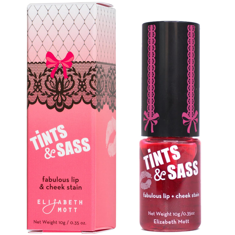 Elizabeth Mott Tints & Sass lip and cheek stain in rosy pink for naturally flushed lips.