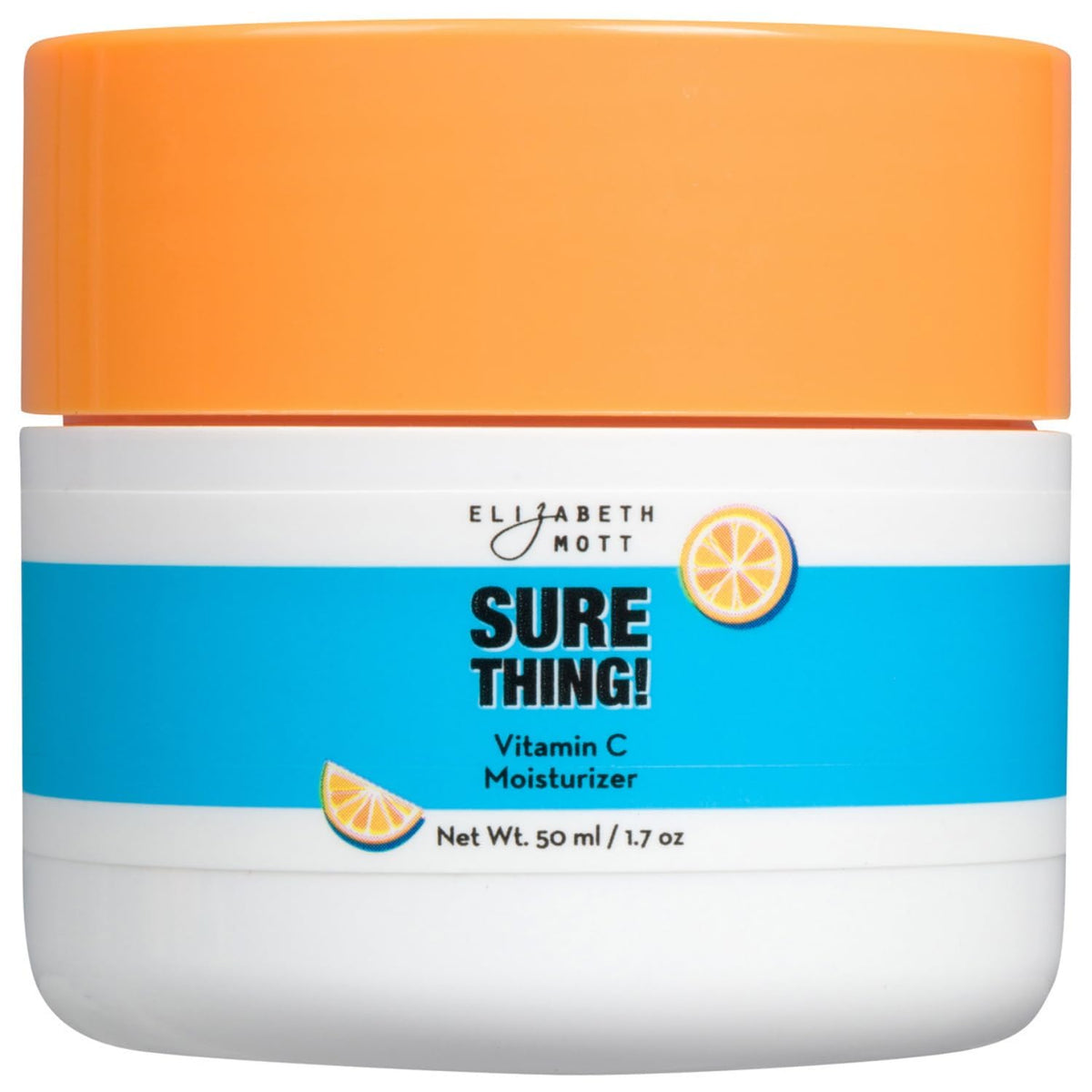 Elizabeth Mott Vitamin C moisturizer jar close-up shows a light gel texture for radiant hydration.