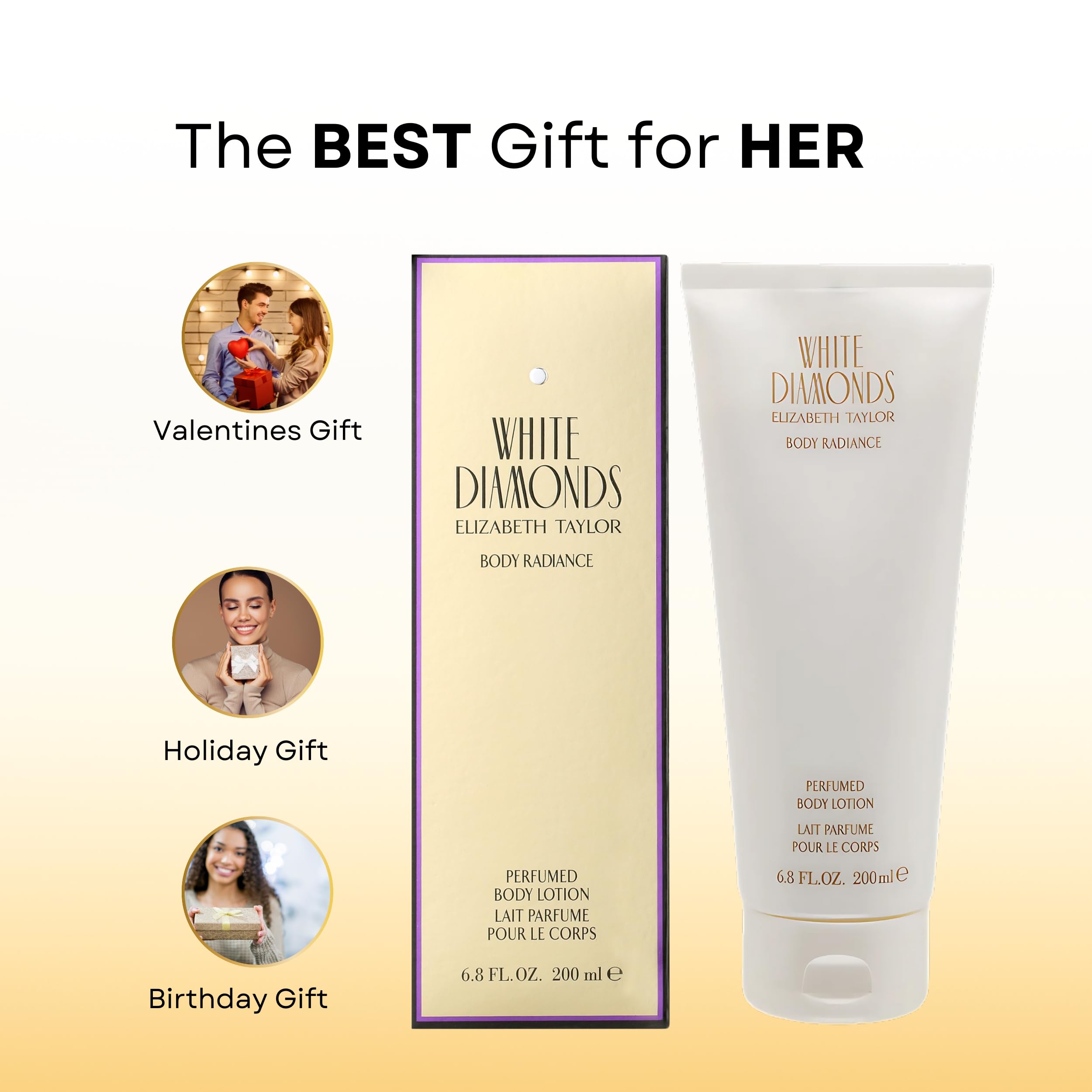 Elizabeth Taylor White Diamonds apply lotion hands for smooth daytime hydration.