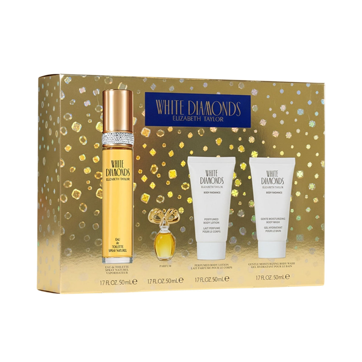 Elizabeth Taylor White Diamonds gift set front packaging, ideal for gifting on special occasions.
