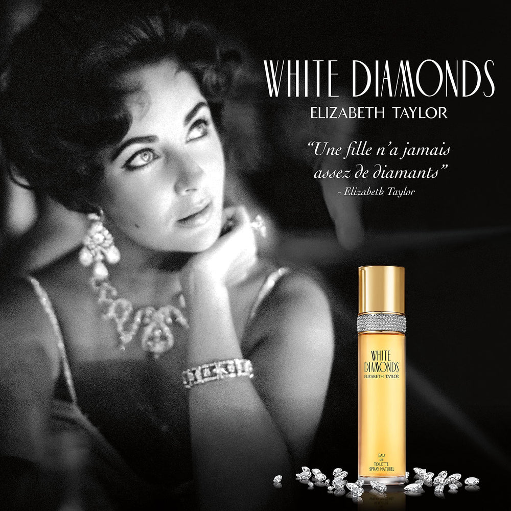 Elizabeth Taylor White Diamonds Lustre label closeup highlights elegant packaging and brand quality.