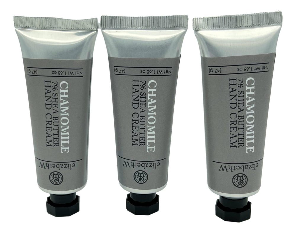 elizabeth W chamomile hand cream tubes shown for travel-friendly moisture