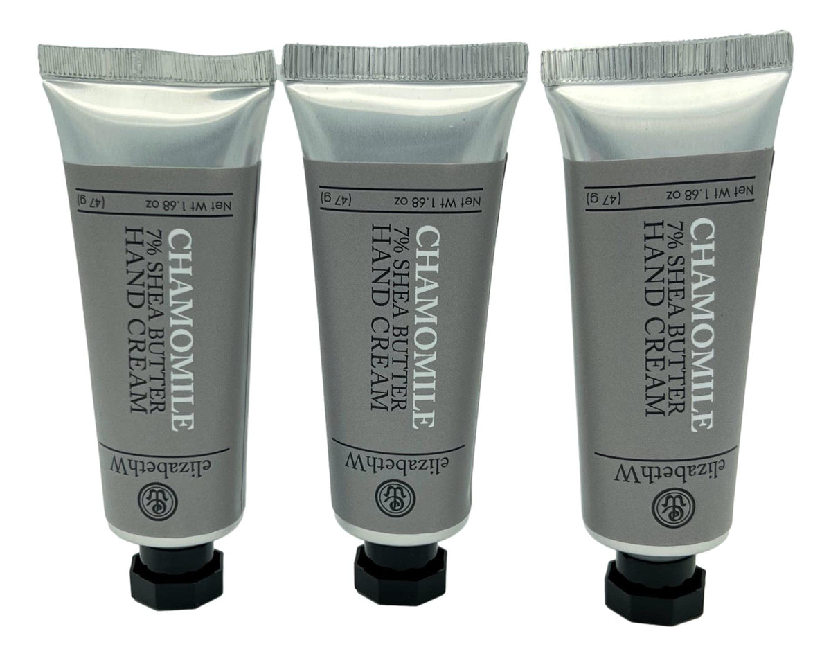 elizabeth W chamomile hand cream tubes shown for travel-friendly moisture