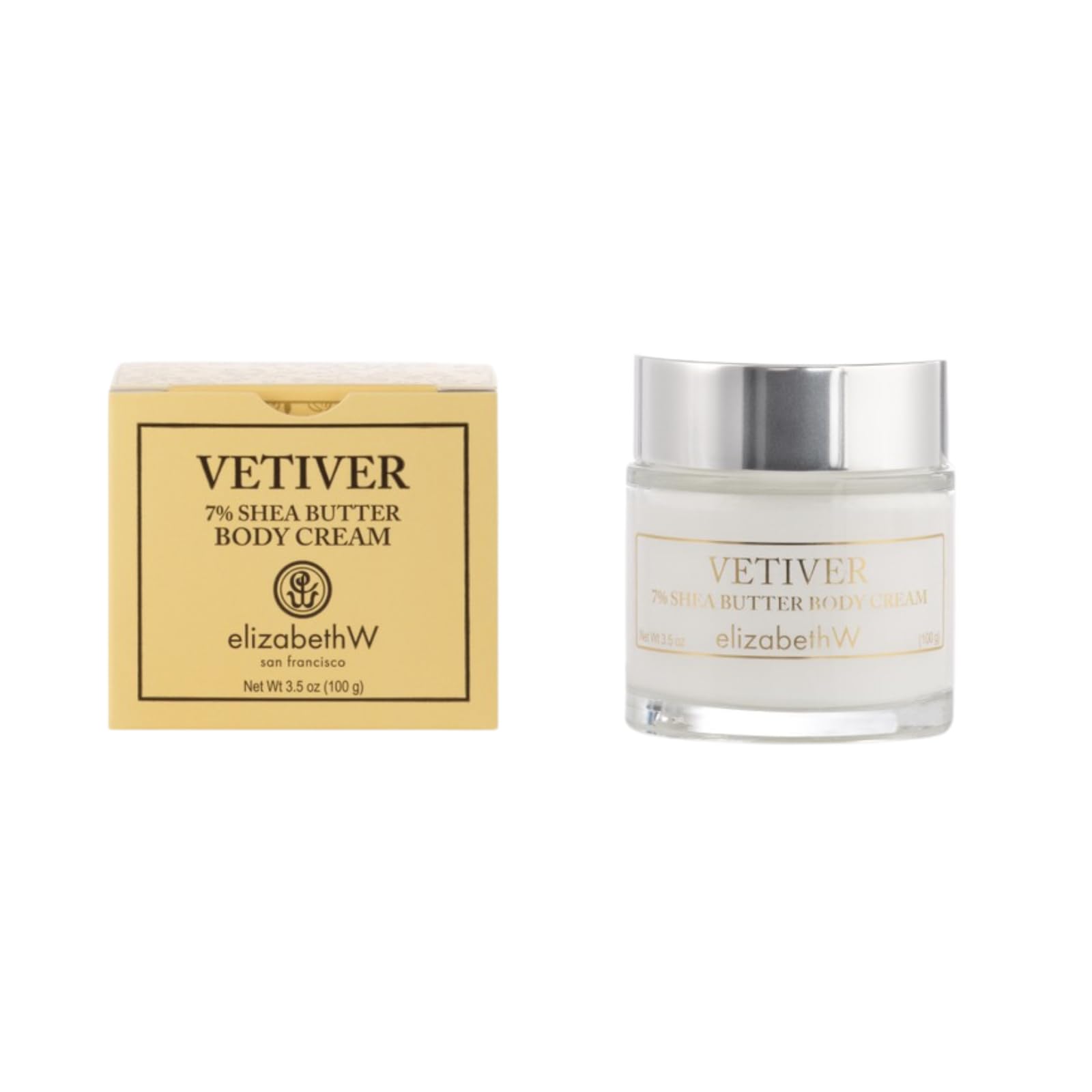 Elizabeth W Vetiver Body Cream jar for deep hydration with earthy vetiver scent