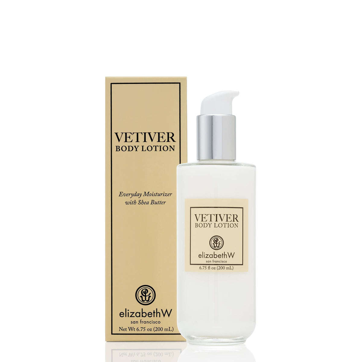 Elizabeth W Vetiver Body Lotion bottle, earthy scent, delivering lasting hydration for smooth, comfortable skin.