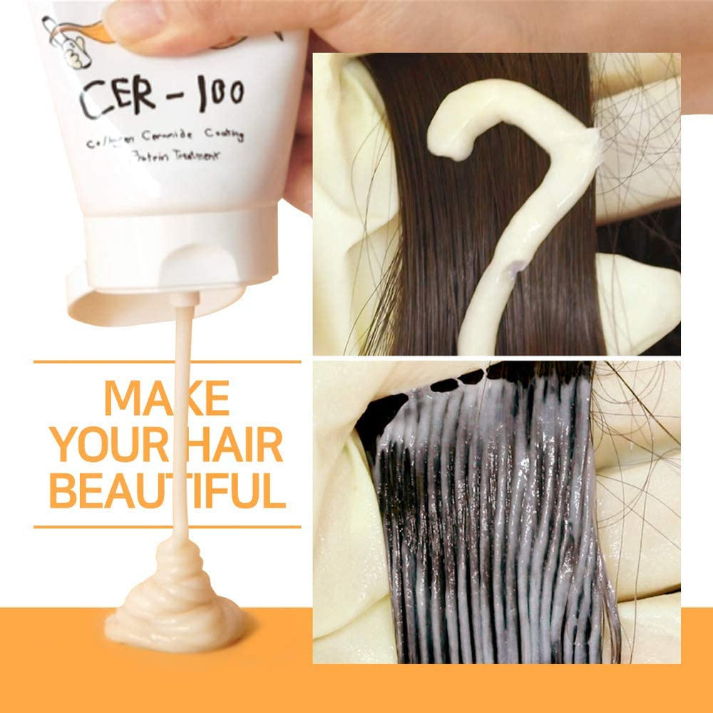 Elizavecca Cer-100 lifestyle shot promotes a simple at-home hair care ritual.