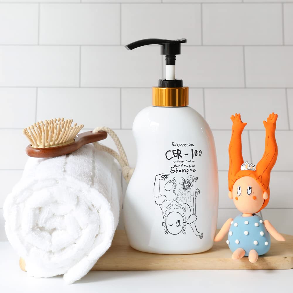 Elizavecca CER-100 shampoo on bathroom shelf signals daily nourishment