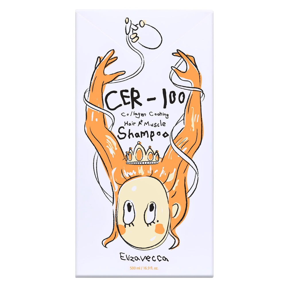 Elizavecca CER-100 shampoo bottle back label highlights ceramide and daily-use benefits